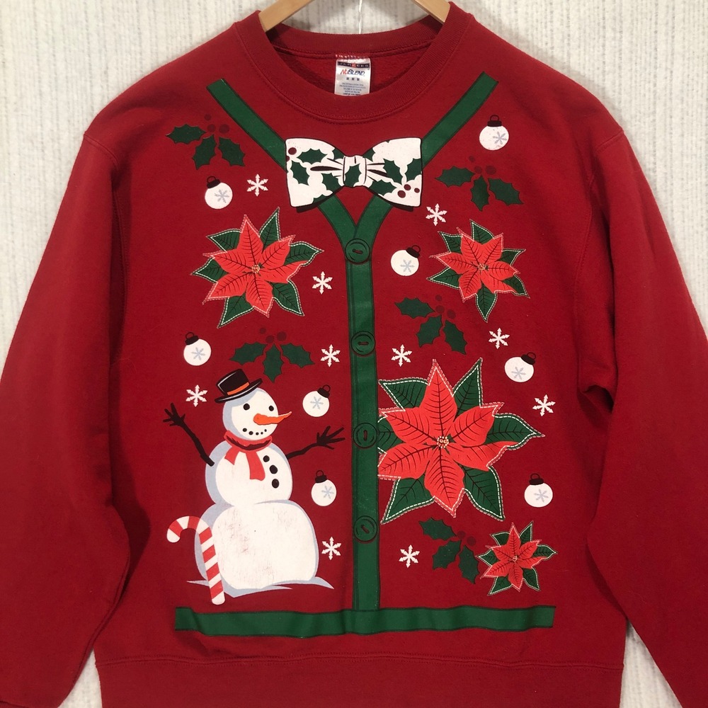 Ugly Christmas Sweater Poinsettia Snowman Holiday Party Jerzees Size Medium